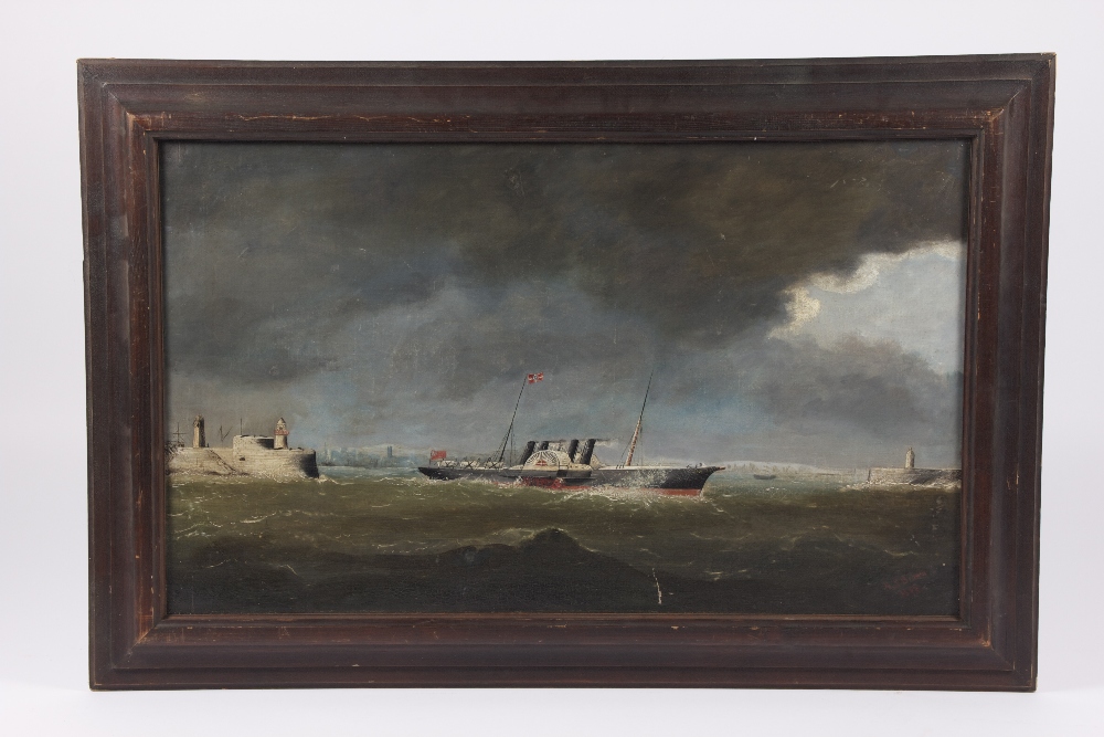 A framed 19th century seascape of a paddle ship heading from the harbour out to sea against a stormy