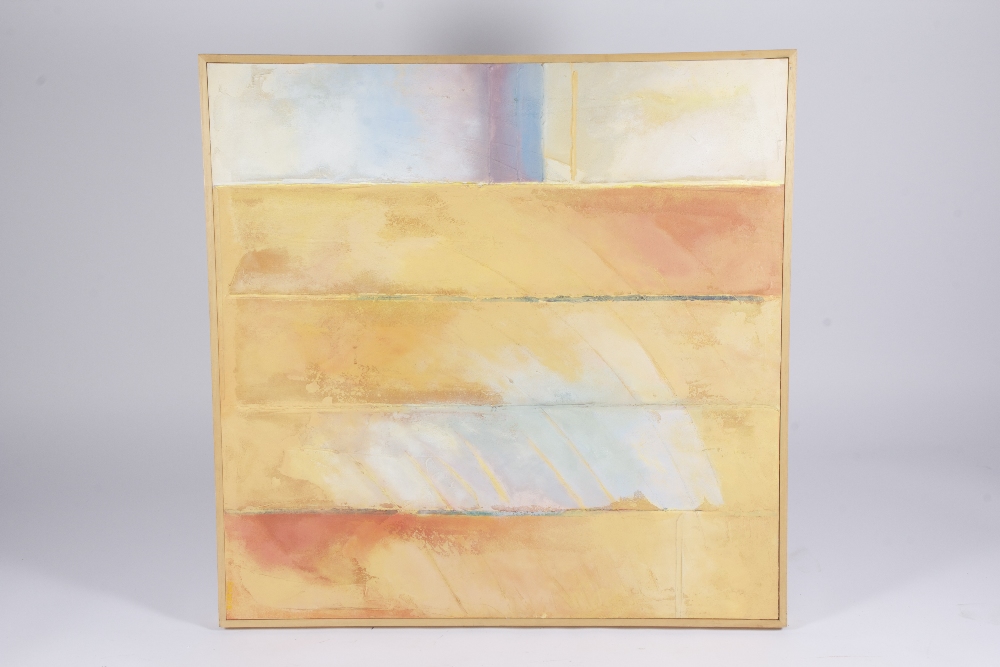 Oil on canvas by contemporary artist Gill Shreeve in a mix of golden apricot and blue, 90 x 90 cm.
