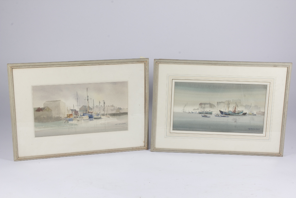 Pair of watercolours depicting sailing boats in a harbour by Sybil Mullen Glover, 51 x 28 cm.