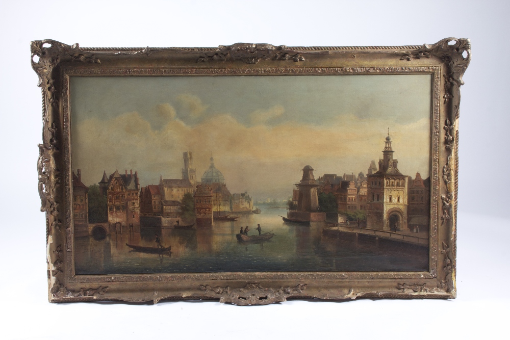 Victorian oil on canvas depicting city river scene, 53 x 95 cm.