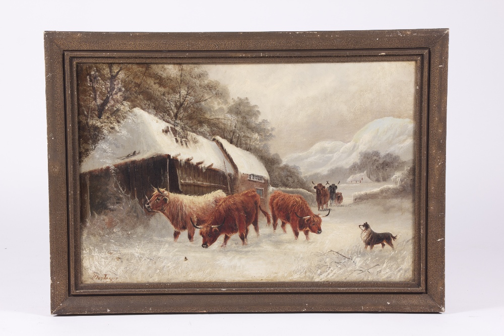 Oil on canvas depicting a winter scene in a highland farm with cattle going home signed Montague, 61