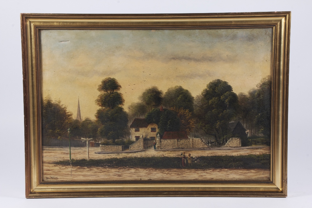 Gilt framed oil on canvas rural landscape scene of a dark wood with house and figures on a road in