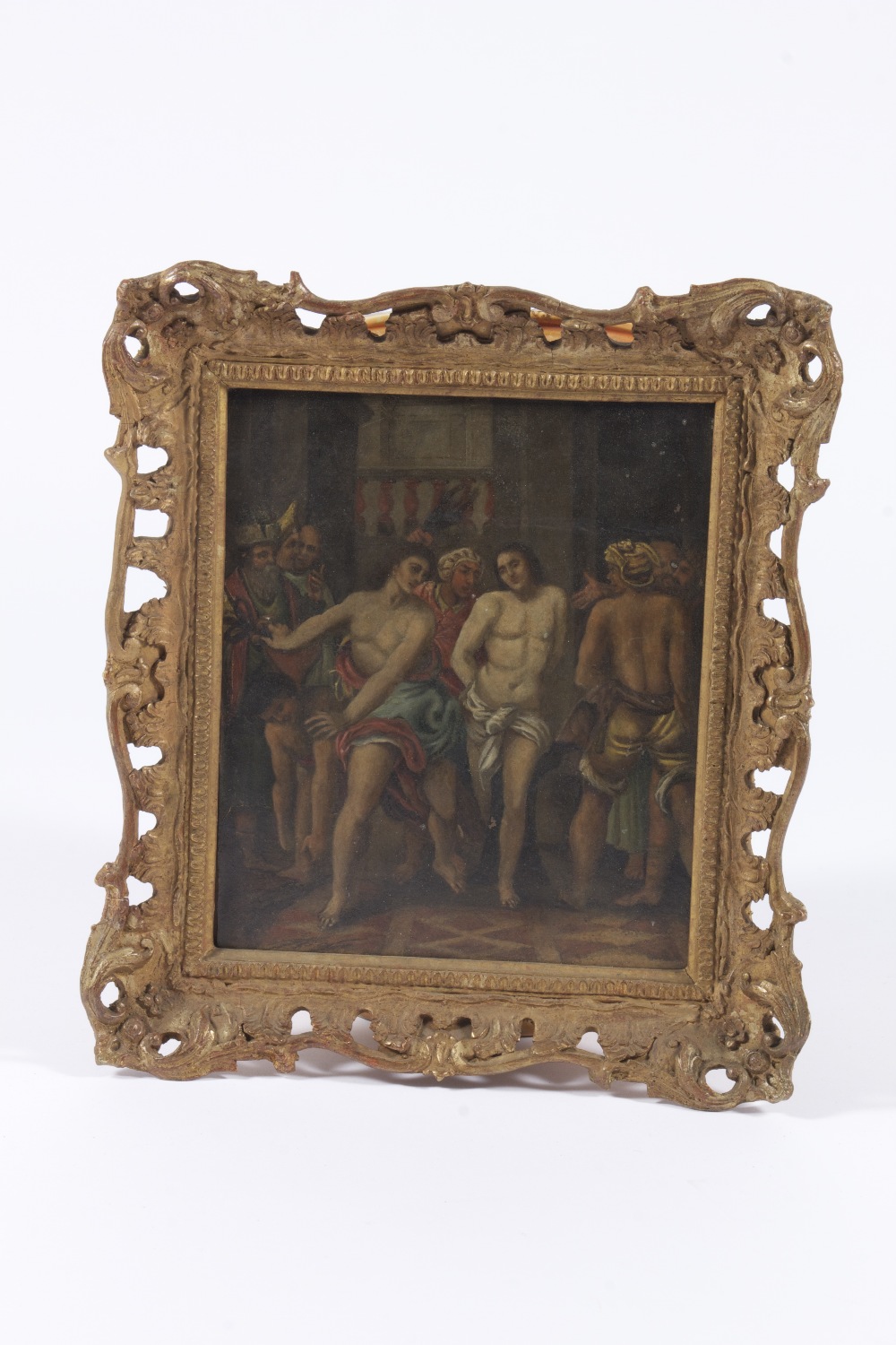 An antique oil on copper religious study mounted in a pierced gilt frame, 22 x 26 cm.