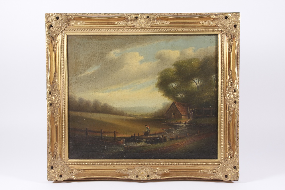 An oil on canvas rural landscape scene of a figure working in a stream by a cottage and mill, in