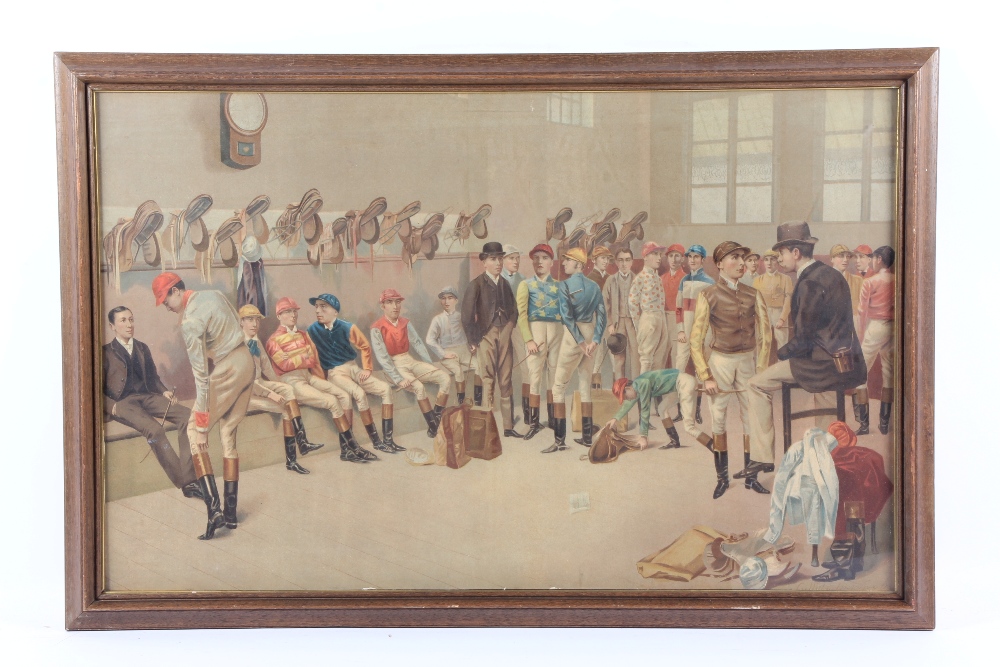 A Victorian coloured print depicting jockeys in the weighing room awaiting the race, 84 x 54 cm.