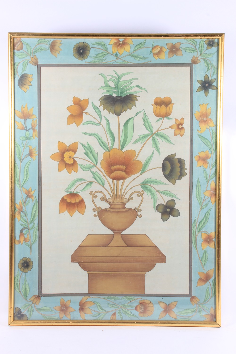 A Chinese painting on linen of floral design amongst a blue border, 73 x 112 cm.