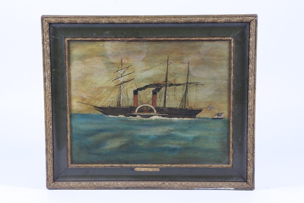 19th century oil on board of marine interest depicting a padlle ship steamer on the sea in the naive
