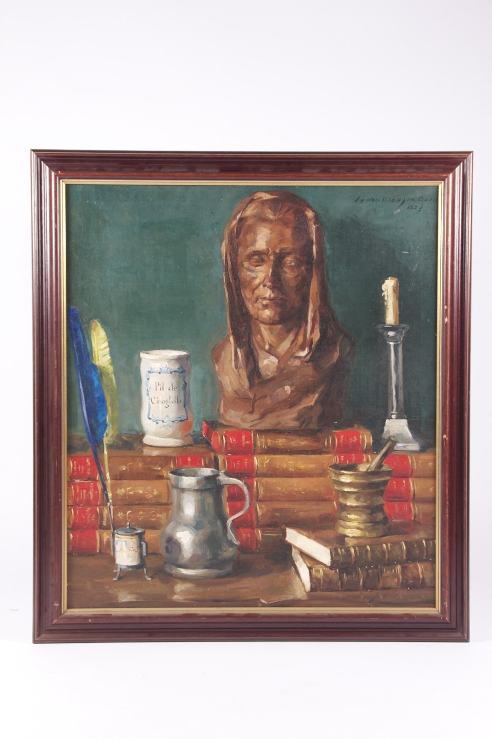 Oil on board academic still-life depicting medieval books, pestle and bust, 70 x 79 cm.
