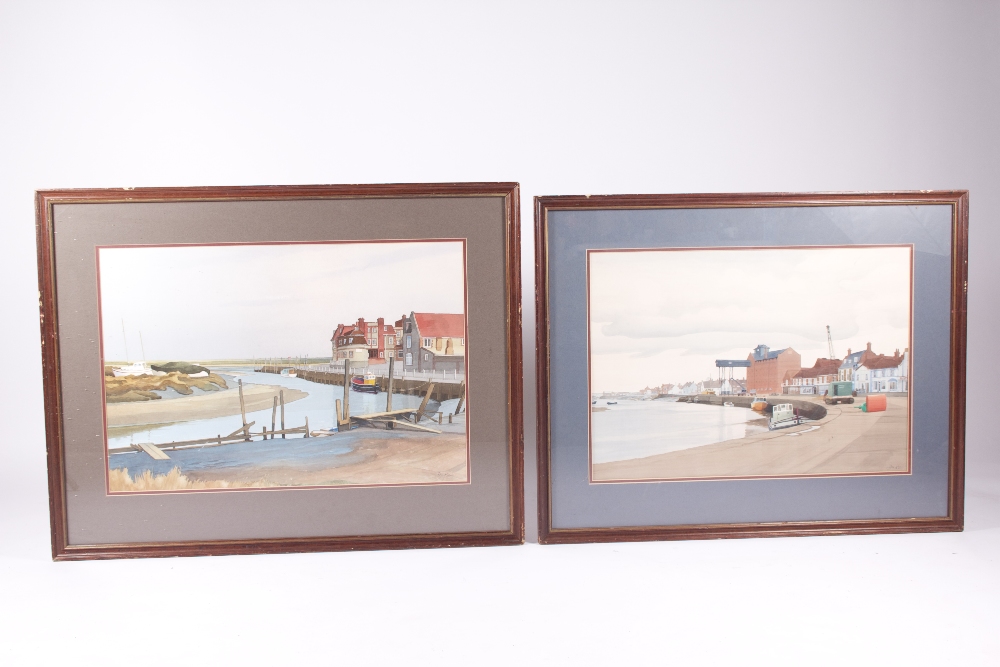 A pair of contemporary watercolours depicting coastal harbour scenes, 84 x 38 cm.