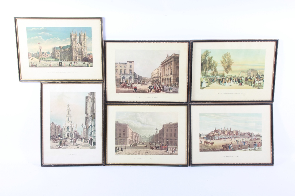 A set of six contemporary prints of famous London landmarks such as Westminster Abbey, Tower of