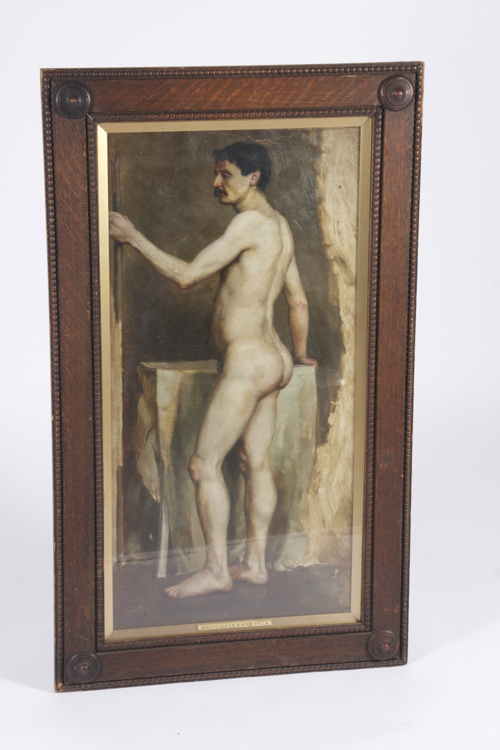 Late Victorian oil on canvas depicting a naked gentleman posing in a studio by artist W.H. Milnes,