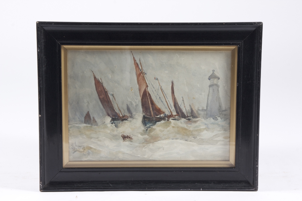 Watercolour study of sailing boats on a choppy sea signed F.E. Finney 1898, 25 x 35 cm.