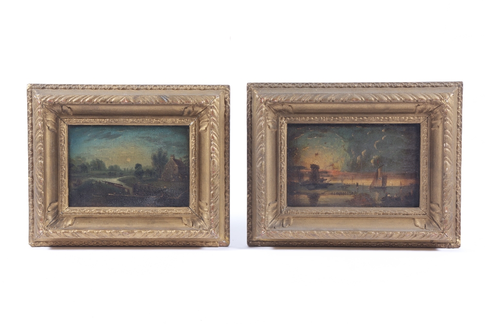 A pair of oils on panels depicting moon-lit scenes, one riverside, the other coastal, in gilt