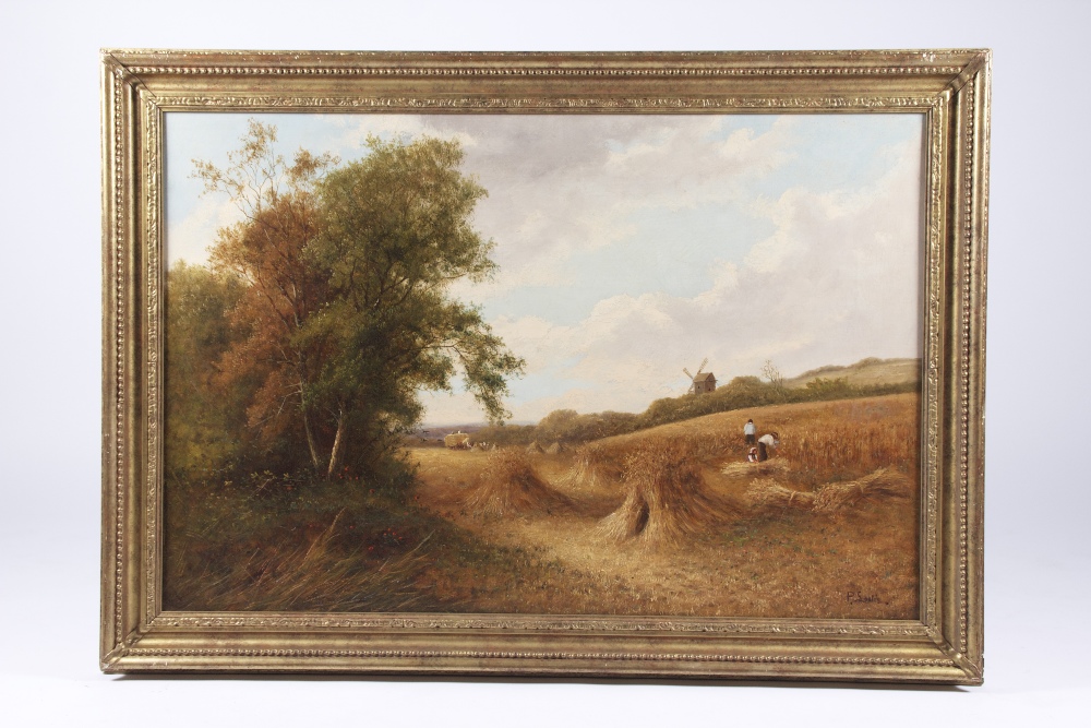 19th century oil on canvas depicting men at work in the fields gathering straw, 61 x 92 cm.