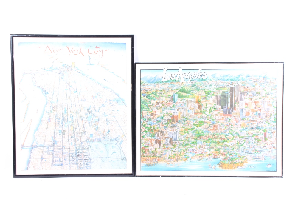 A New York City poster showing the city from above and another similar of Los Angeles, 65 x 54 cm.