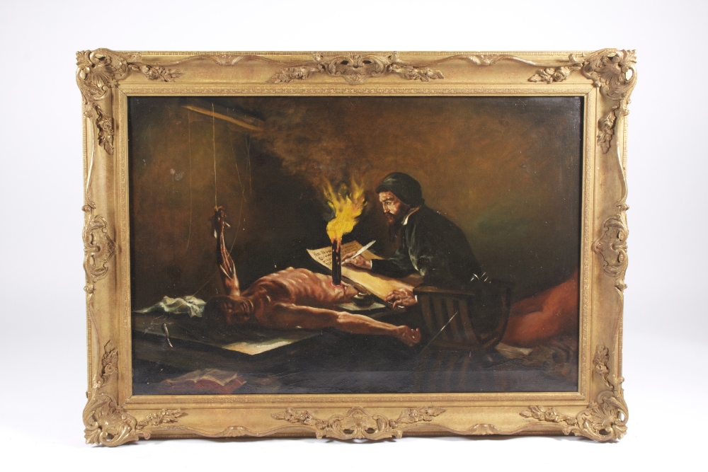 An antique oil on canvas possibly depicting Michelangelo studying a cadaver, 61 x 92 cm.