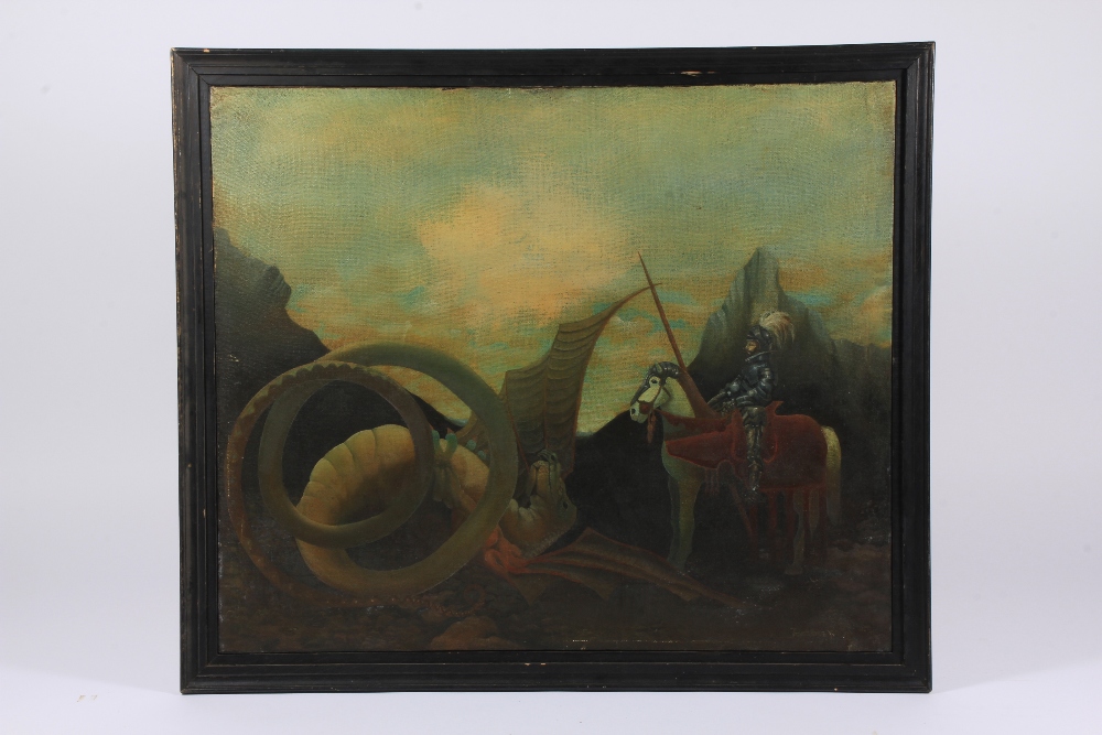 A 19th century oil on canvas depicting George and Dragon, 74 x 89 cm.