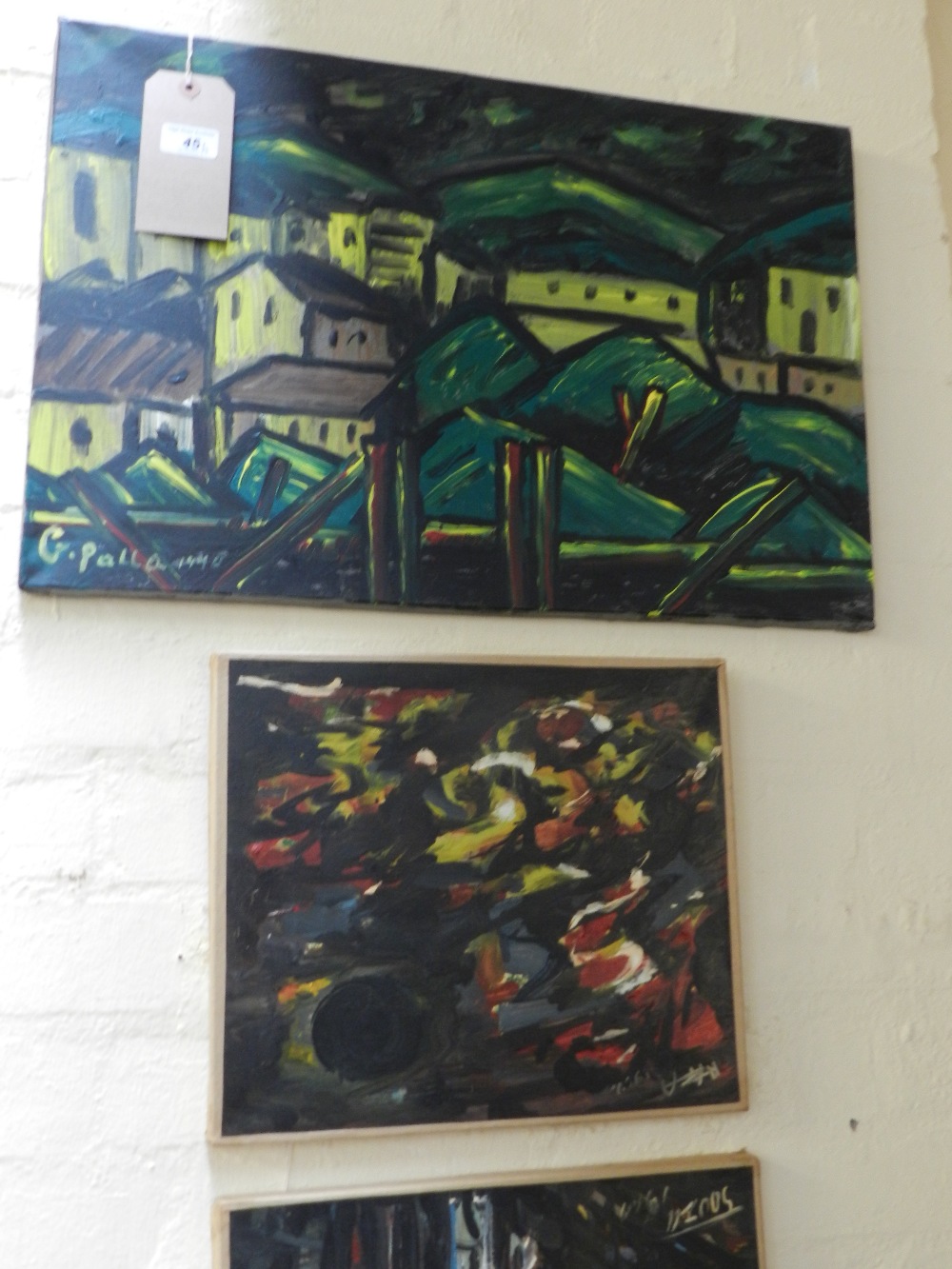 An oil on canvas of buildings at night, a similar abstract oil on canvas and an oil on canvas of