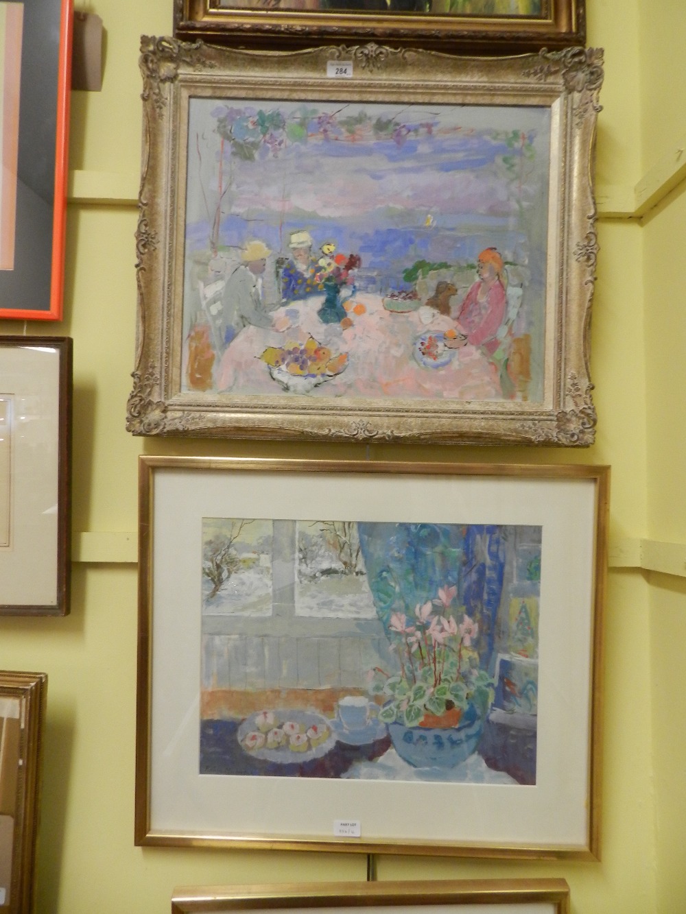 A collection of four framed mixed media works by Robin Mackertich (1921 - 1993) to include two still