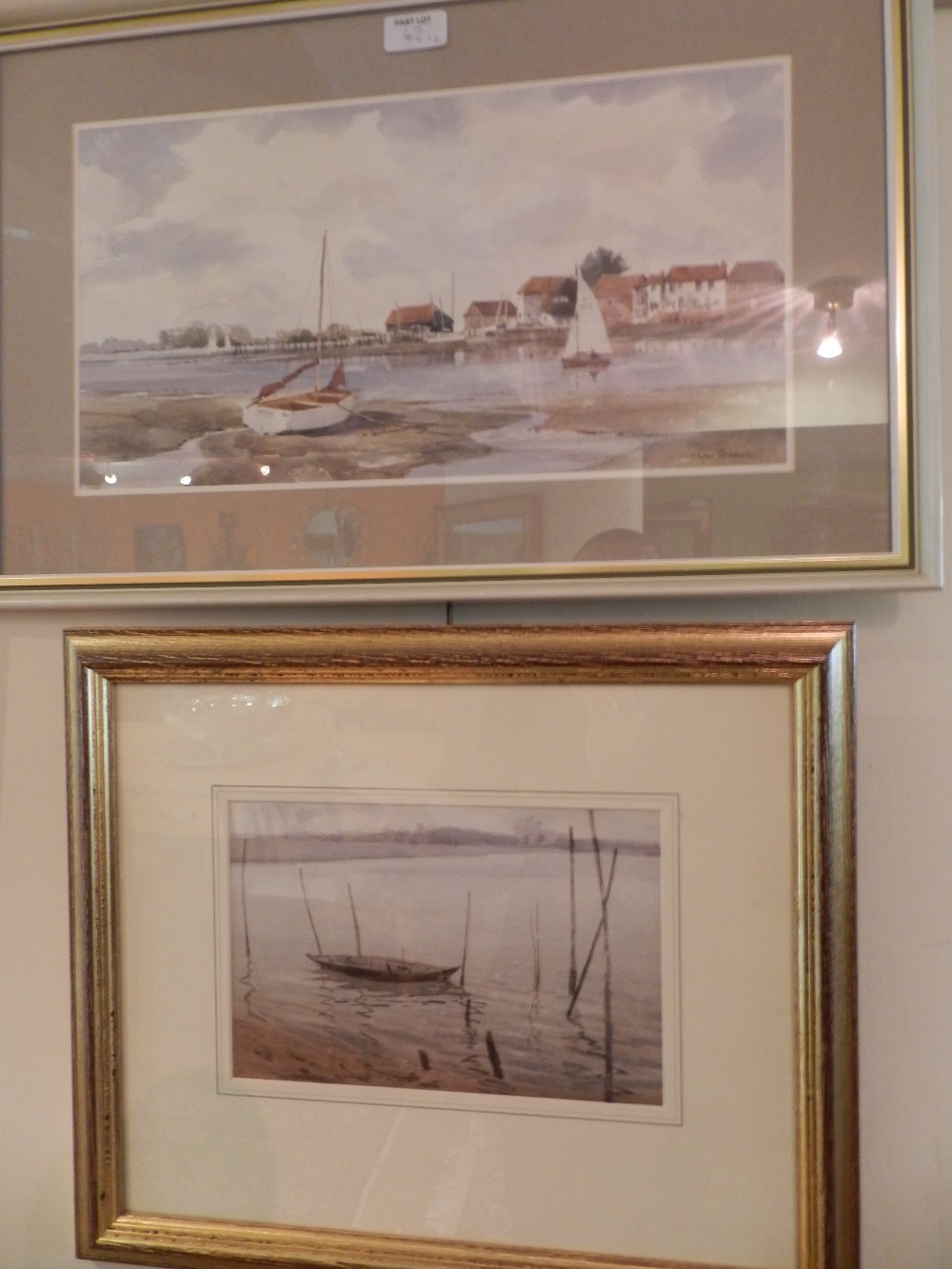 A gilt framed and glazed watercolour of a shore scene with boats signed `Tom Groom` and one other