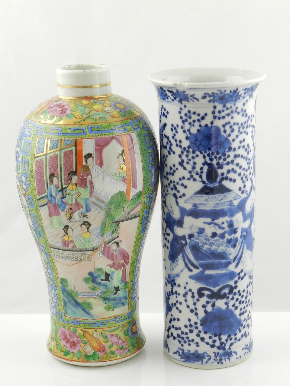 A Chinese famille verte porcelain vase (a/f) together with a Chinese blue and white porcelain vase