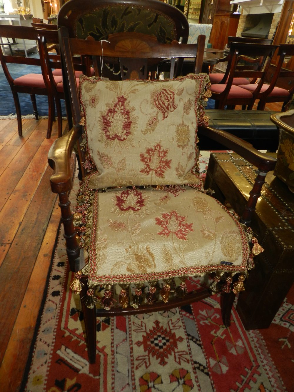 A pair of inlaid Edwardian parlour chairs upholstered in regency style having loose tapestry