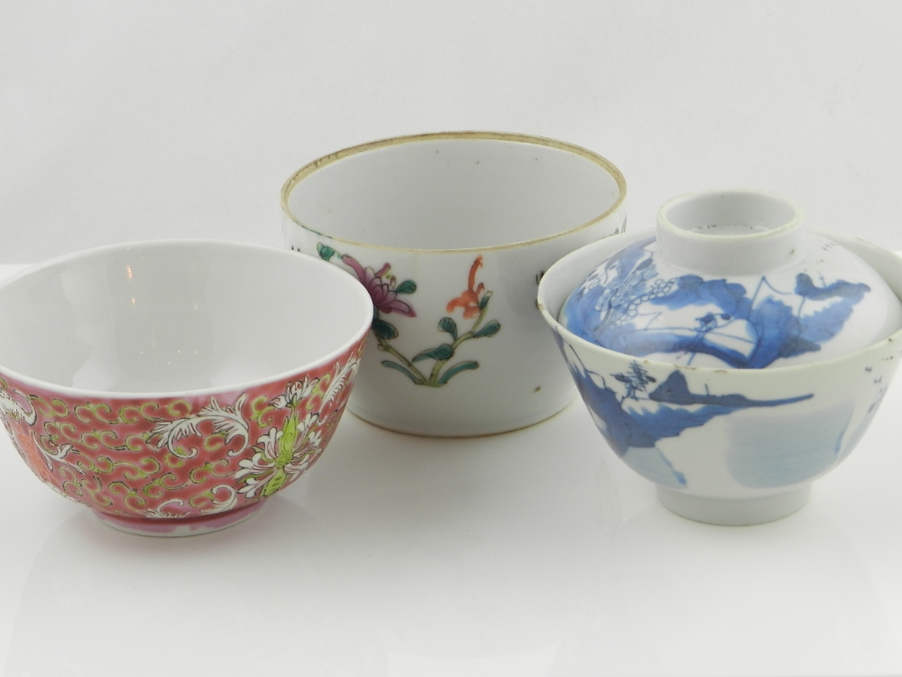 A collection of three Chinese porcelain items to include a blue and white  pot and cover an enamel