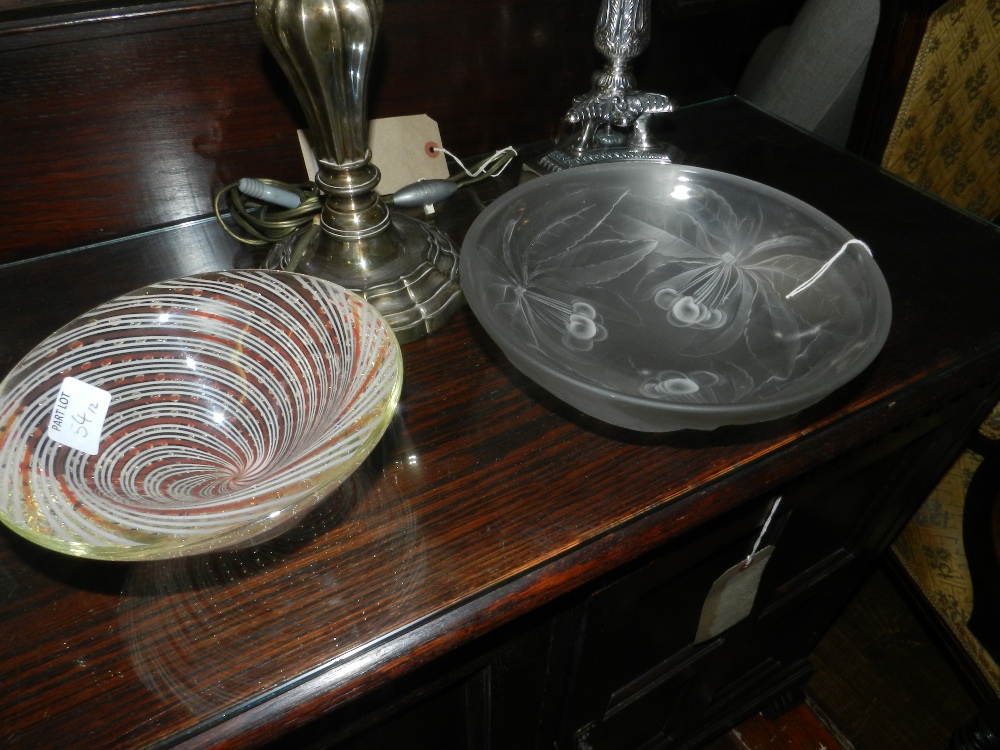 A G Vallon frosted glass fruit bowl decorated with cherries and leaves together with an art glass