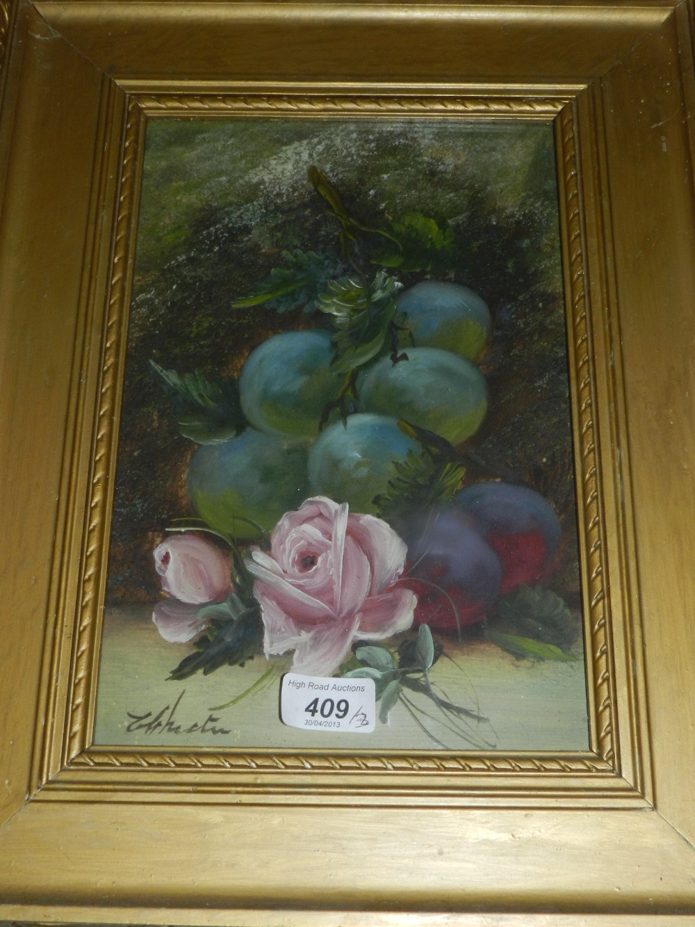 A pair of Victorian painted fruit and flower still life along with one other in gilt frames