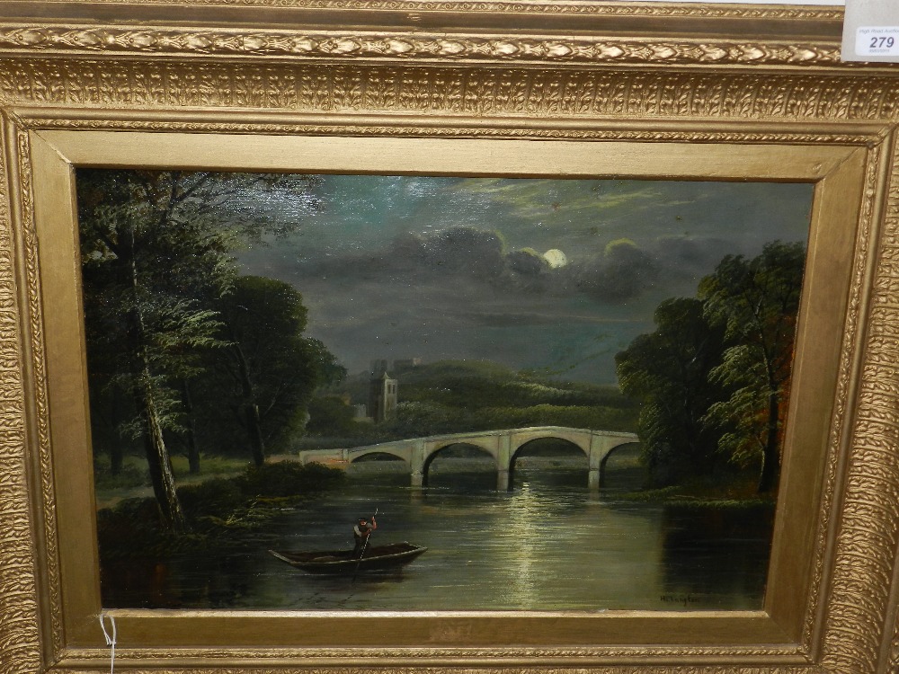 A framed oil on canvas of a moonlit river and bridge