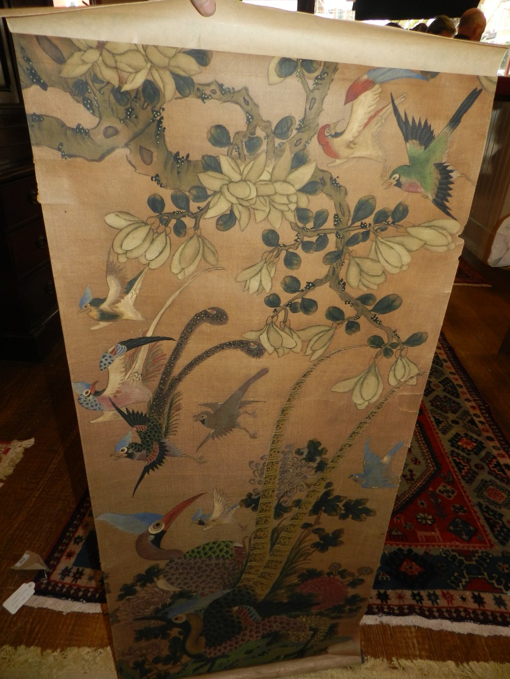 A pair of 19th century painted scrolls depicting a bamboo landscape with character marks, the second