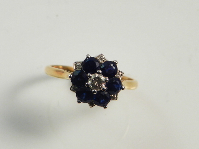 A diamond and sapphire mounted lady`s cluster ring set in an 18ct gold band.