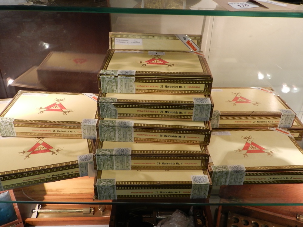 Fourteen boxes of Cuban Habana Monte Cristo number four cigars approx ten boxes unopened. Over 325