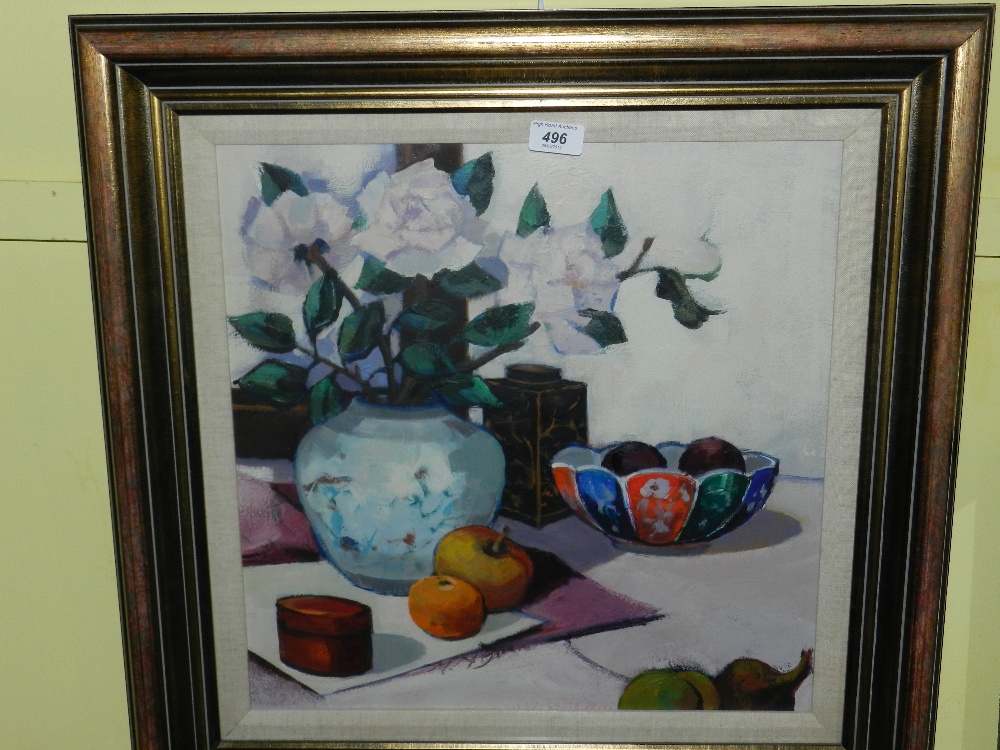 An oil on board of a still life of flowers by Scottish artist Margaret McGowen.