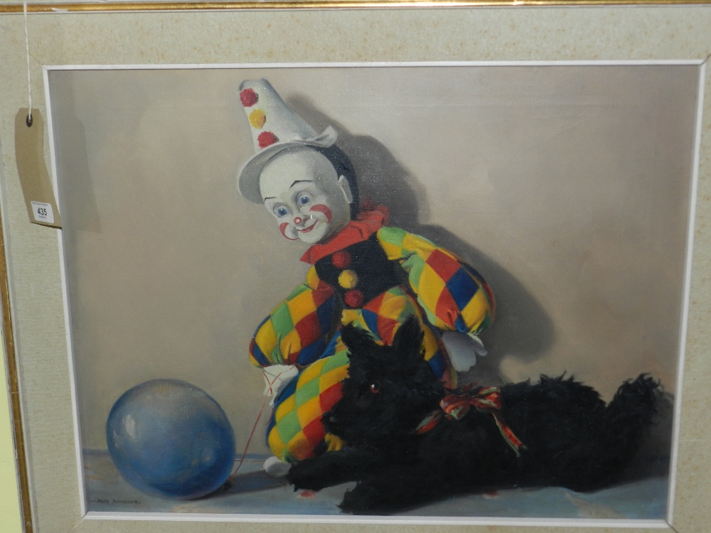 An early 20th century framed oil on canvas still life of a toy dog and doll on a table signed Man