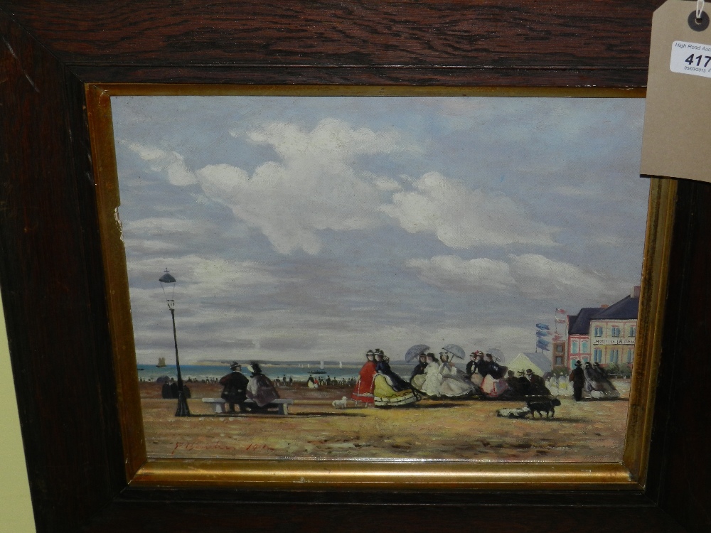 A framed oil on board of an Edwardian seaside scene and an oval oil on board of 18th century figures