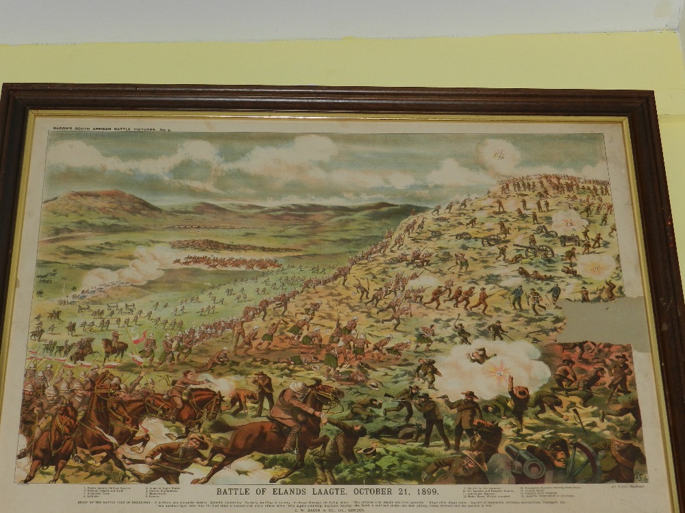 A set of three framed coloured Boer War prints. "The battle of Elandslaagte", "The battle of