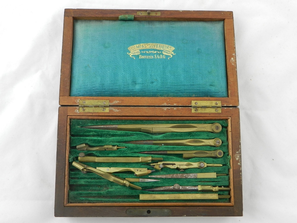 A French mahogany cased draughtsman set