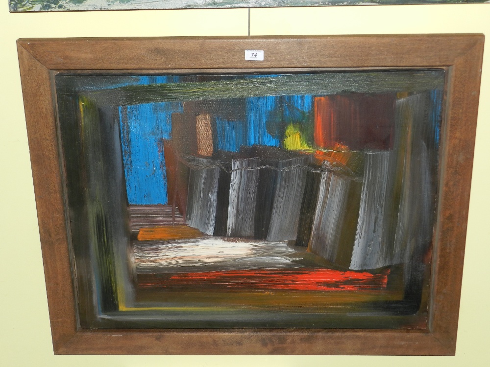 An oil on canvas polychromatic abstract painting in oak frame