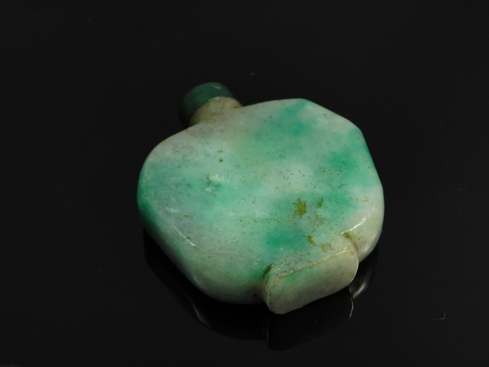 A Chinese green jade snuff bottle of shaped rectangular form