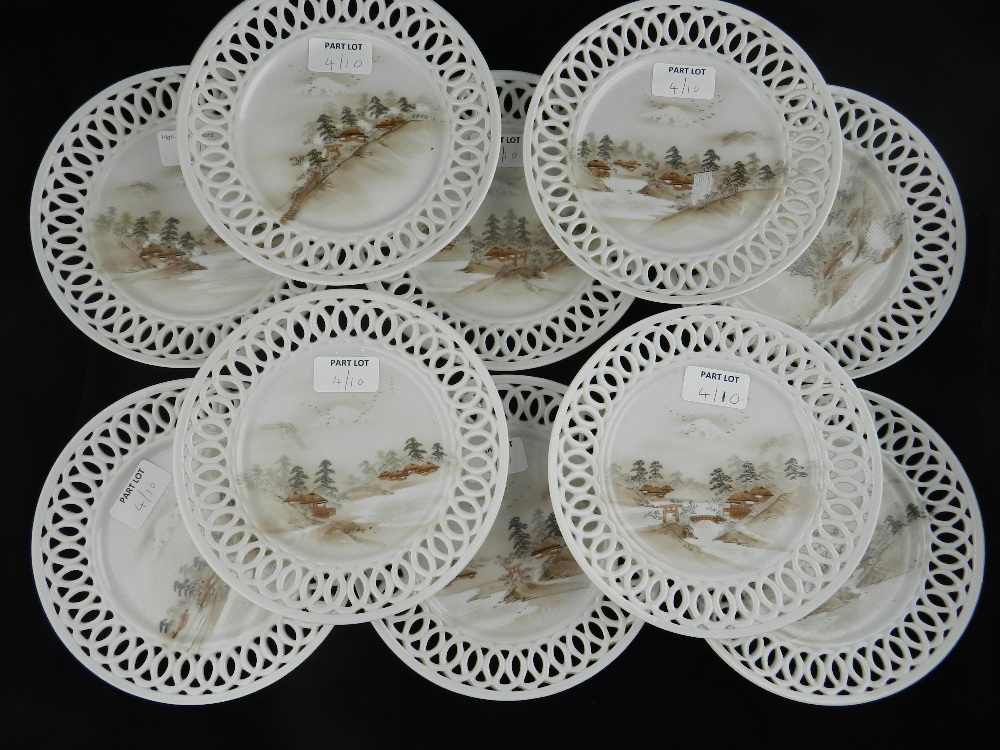 A set of ten Japanese early 20th century very fine plates with pierced rims, all decorated with