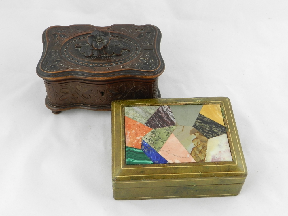 A rectangular wooden trinket box with the hinged cover with floral finish and an Italian trinket