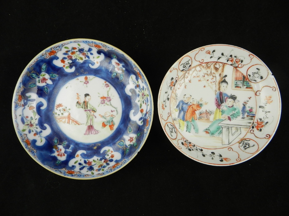 Two 18th century Chinese Chien Lung period small dishes, one decorated with a circular panel of a