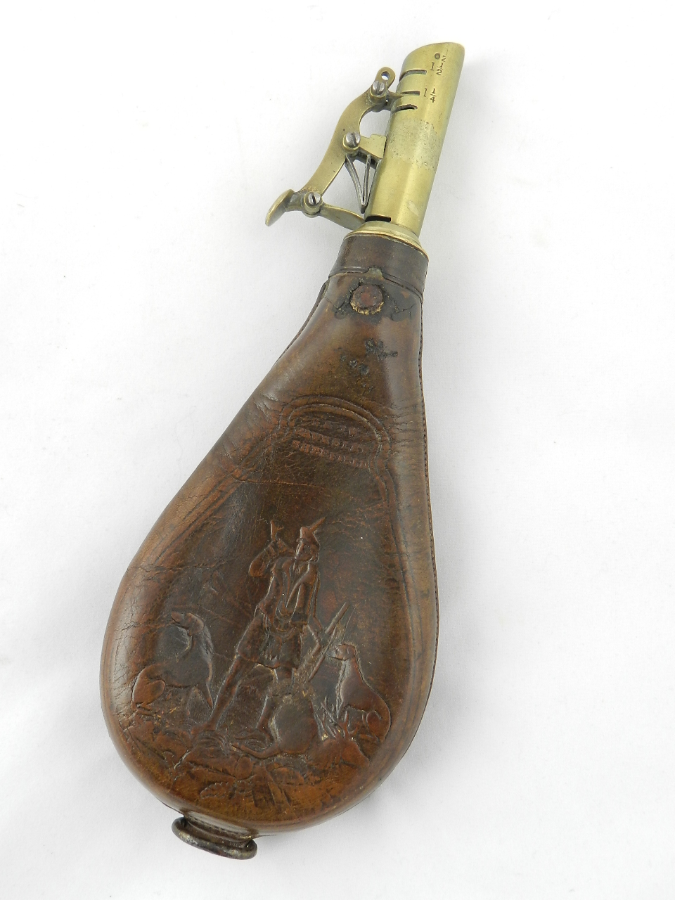 A 19th century G.W & J Hawksley Sheffield signed leather and brass shot powder flask with embossed