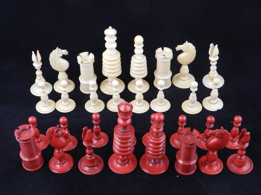 A carved and turned ivory chess set.