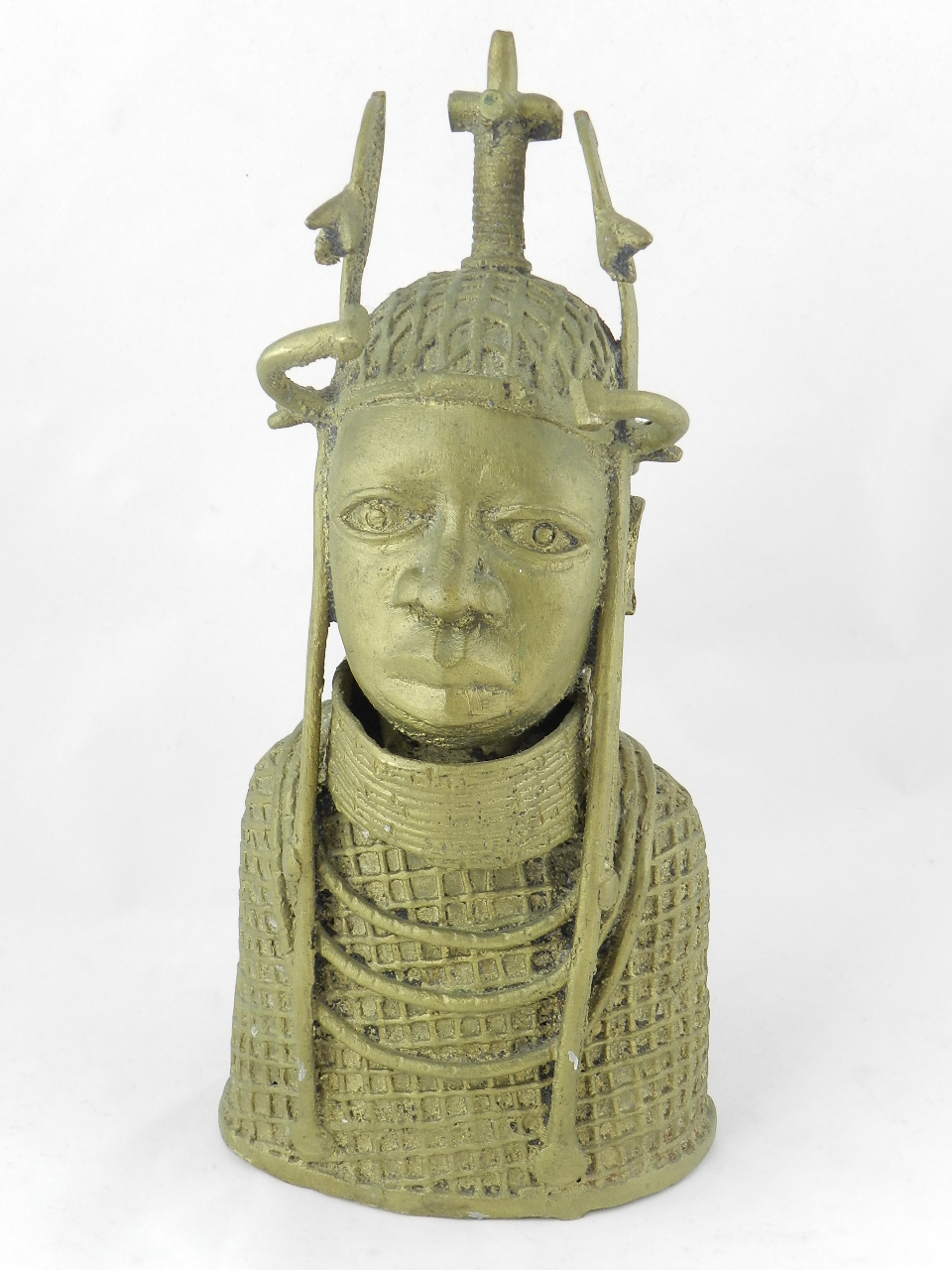 A Berun style cast bronze bust of a Nubian female in a traditional tribal costume.