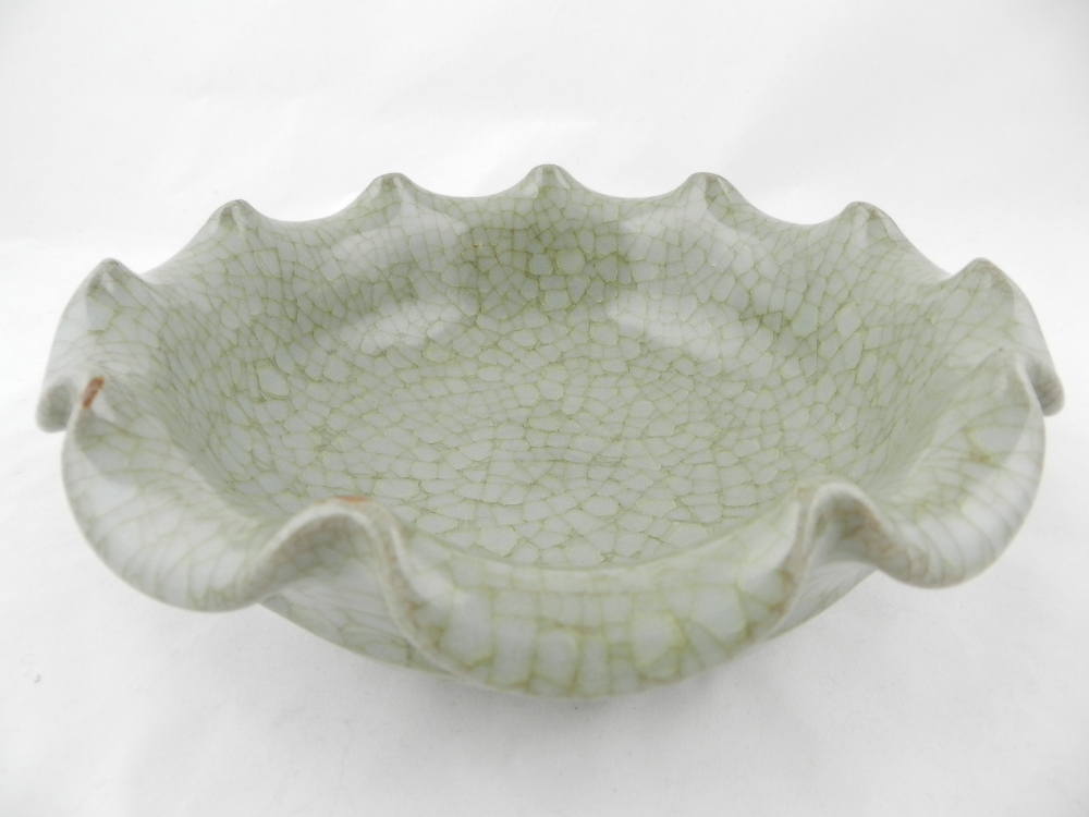 A fine Chinese crackle glazed porcelain bowl of cartouche form and out set ribbed decorated.