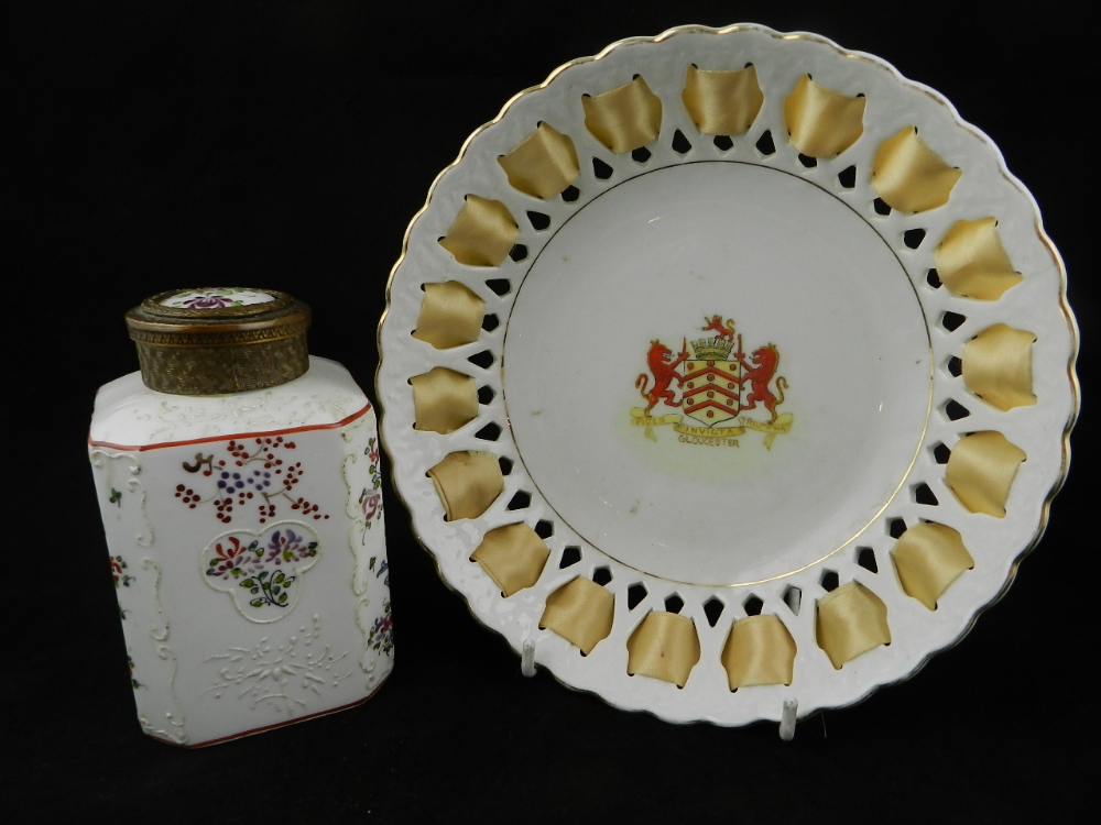 19th century French tea-caddy together with English dish bearing a coat of arms.