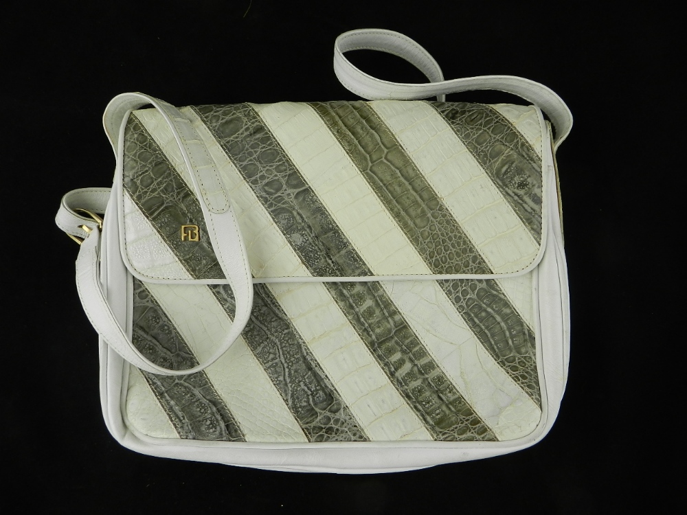 A unique designer white leather handbag with grey crocodile inserts by Francesco Bambusa