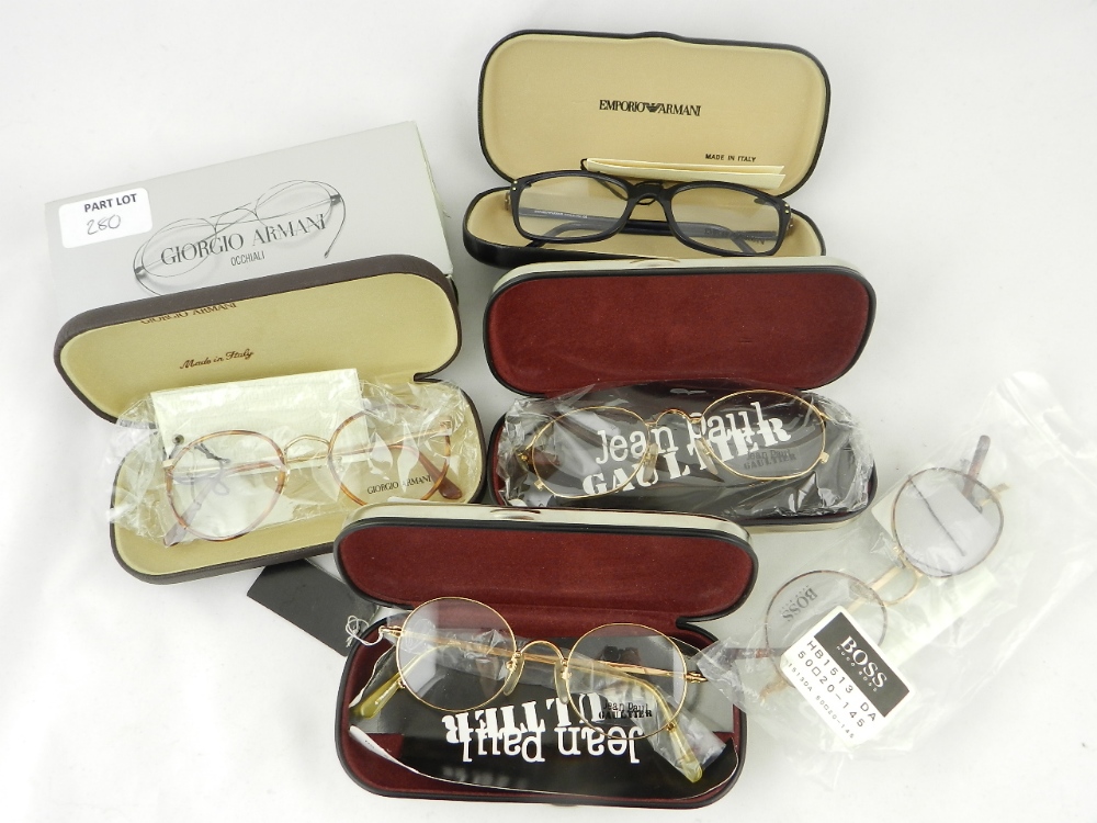 Five pairs of glasses to include Boss, Giorgio Armani and Jean Paul Gaultier.